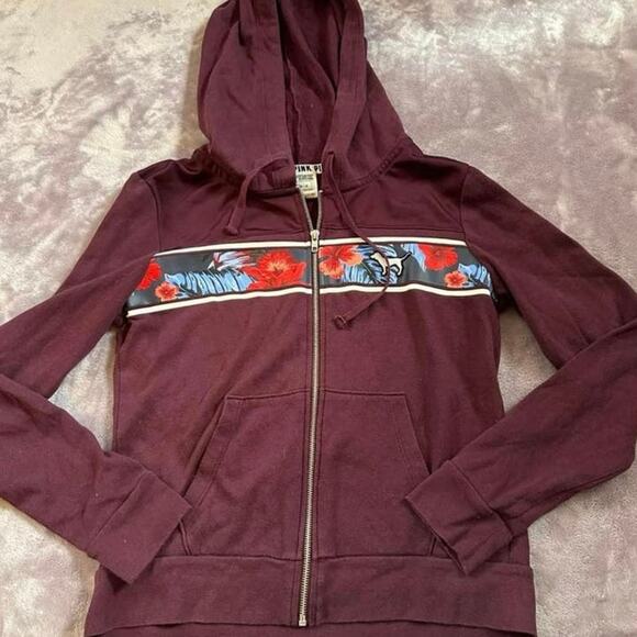 Vintage Y2k 1990's PINK Burgandy Floral Dog Long Sleeve Full Zip Hoodie Medium - Picture 15 of 16